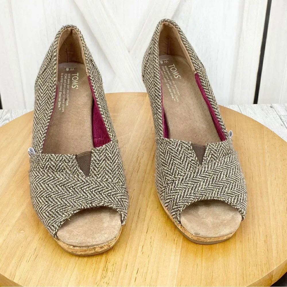 Toms Wedge Heels Herringbone Tweed Peep Toe Cork‎ Brown Tan Size 8